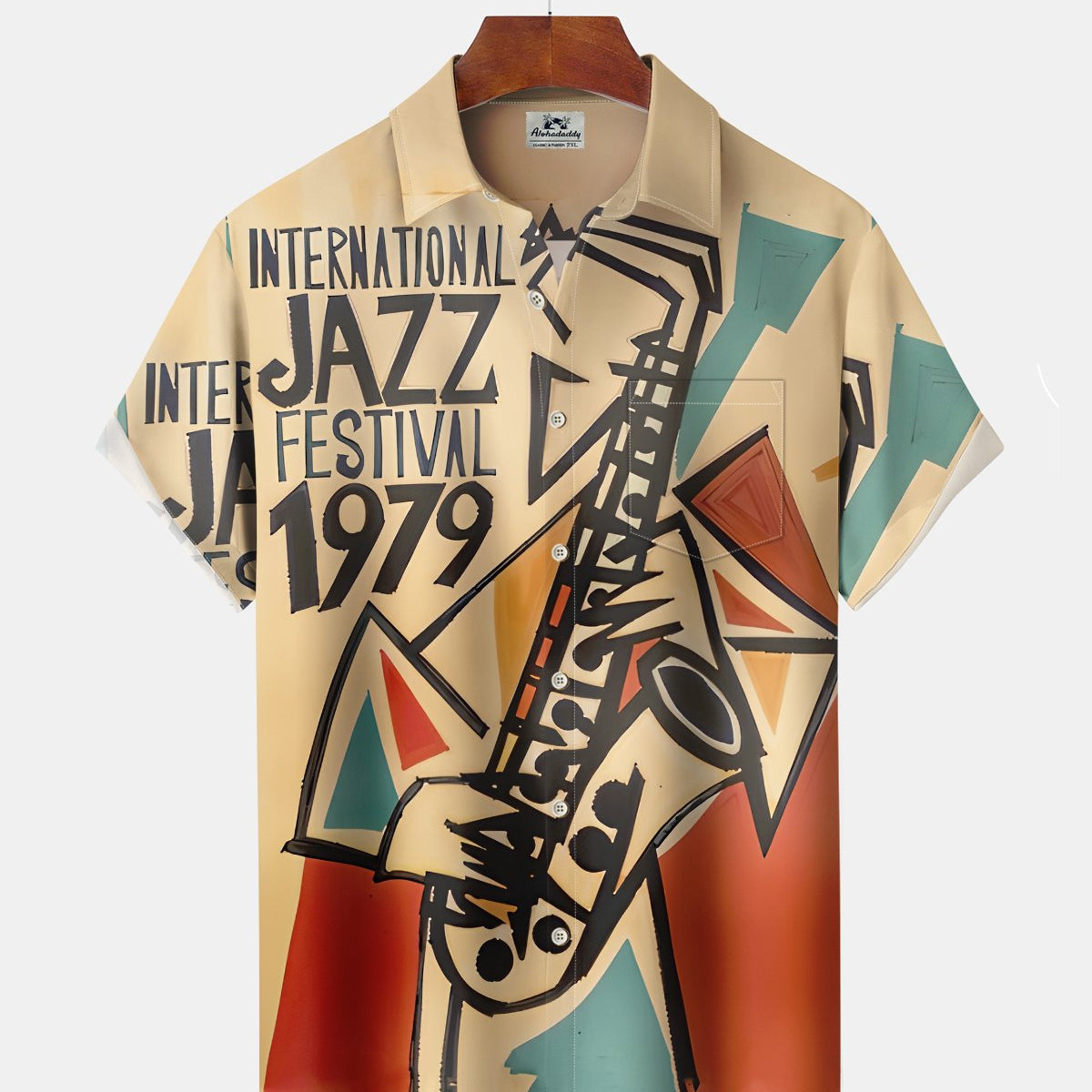 Alohadaddy® Men's Short-Sleeve Button-Down Shirt with Pocket Vintage Music-Themed Graphic Print