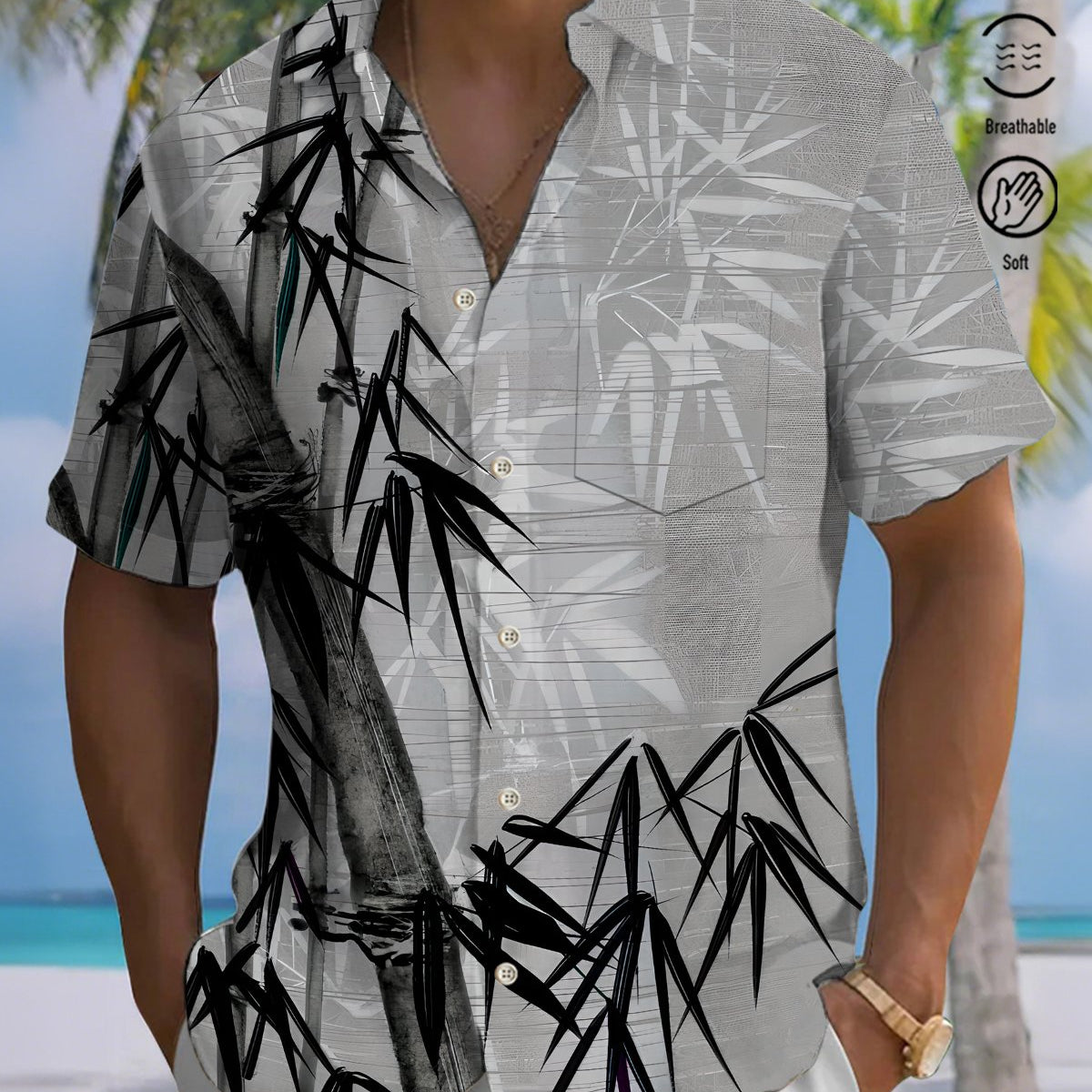 Alohadaddy® Men's Short-Sleeve Button-Down Shirt with Bamboo Print Pocket and Cardigan-Style Front