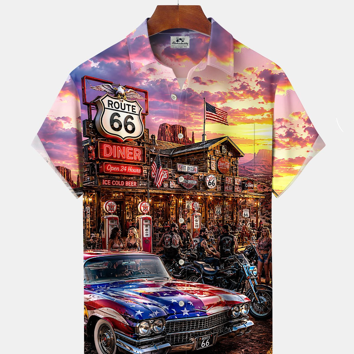 Alohadaddy® Men's Short-Sleeve Button-Down Shirt Vintage Route 66 Graphic Print with Pocket