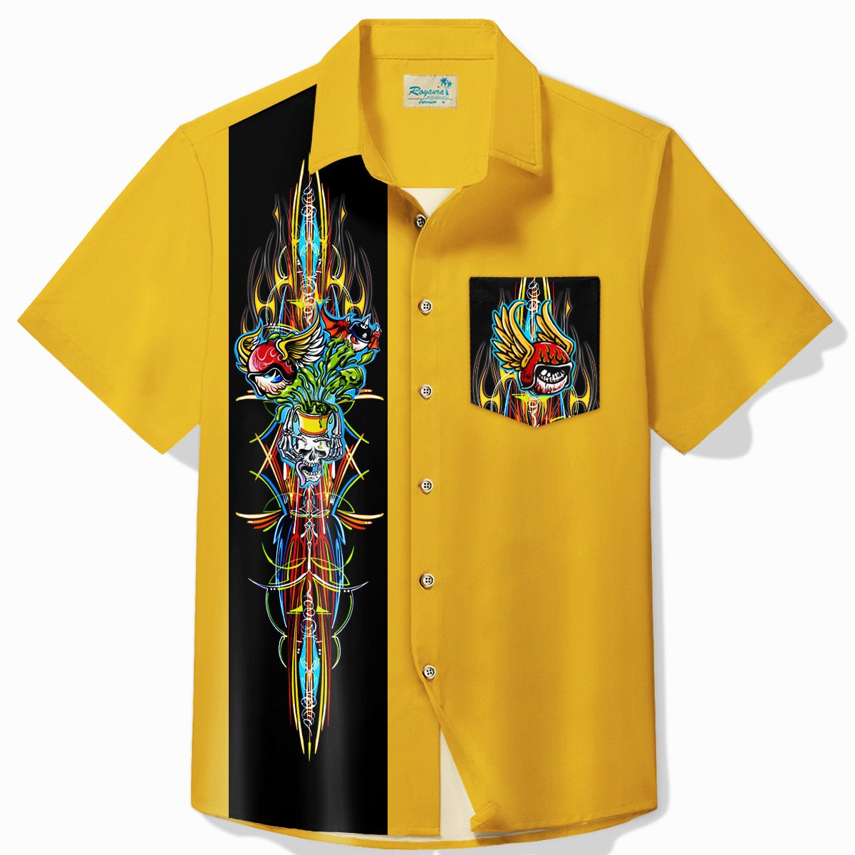 Alohadaddy Vintage Pinstripe Flying Eyeball Skull Bowling Print Chest Pocket Shirt Large Size Men's Shirt