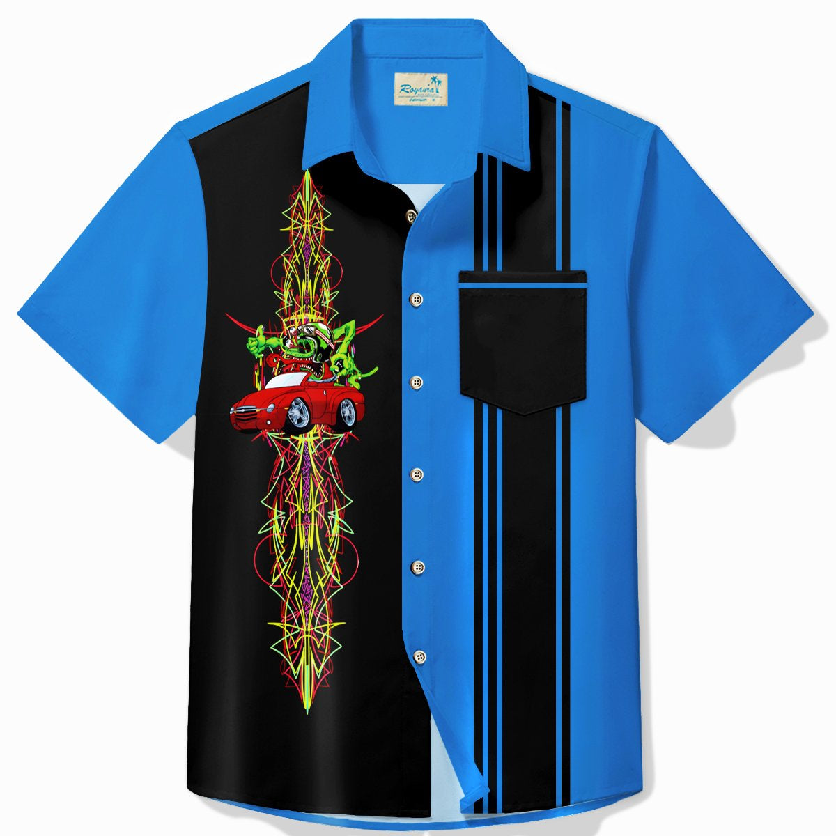 Alohadaddy Vintage Pinstripe Car Panel BowLing Printed Chest Pocket Shirt Large Size Men's Shirt