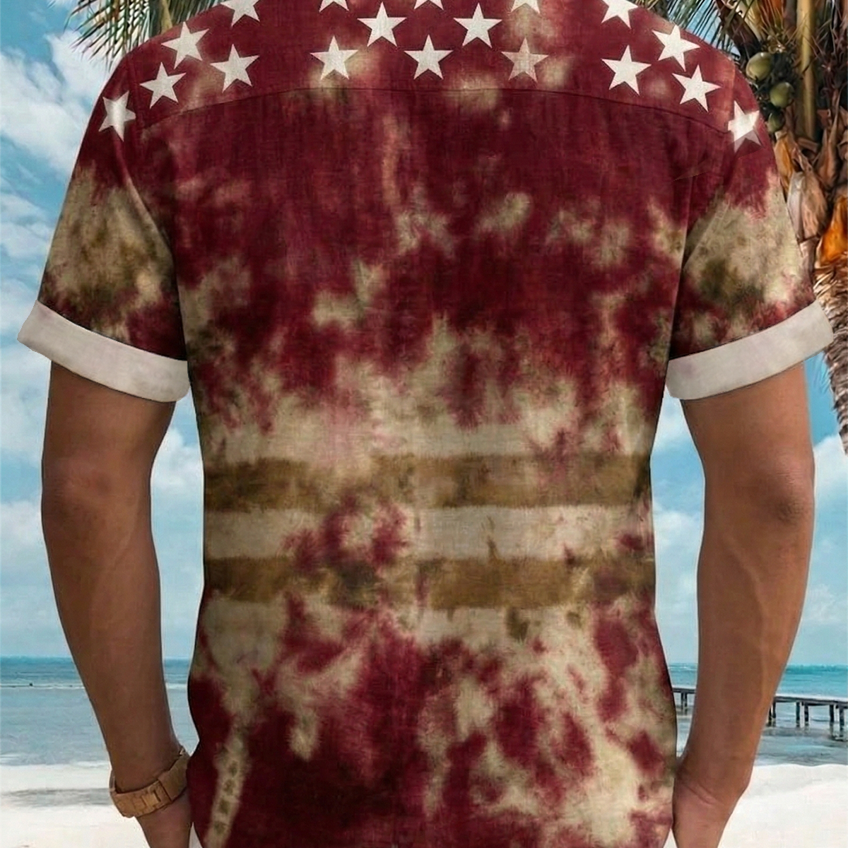 Alohadaddy® Men's Holiday Patriotic America 250 Years of Freedom Tie Dye Stars Retro Print Button Down Short-Sleeve Big & Tall