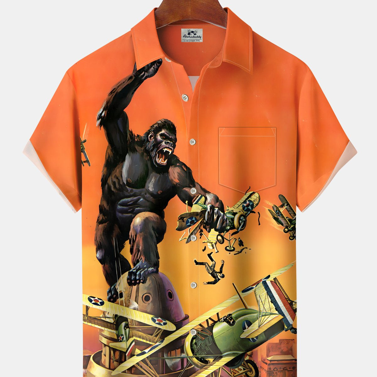 Alohadaddy Hawaii Ombre Gorilla and Fighter Pocket Button Cardigan Stretch Large Size Short Sleeve Shirt