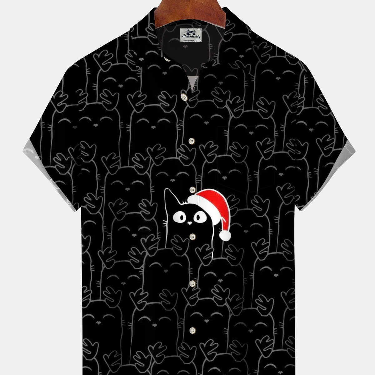 Alohadaddy® Christmas Cat Graphic Print Pockets Elastic Button Closure Men's Short Sleeve Shirt Big & Tall