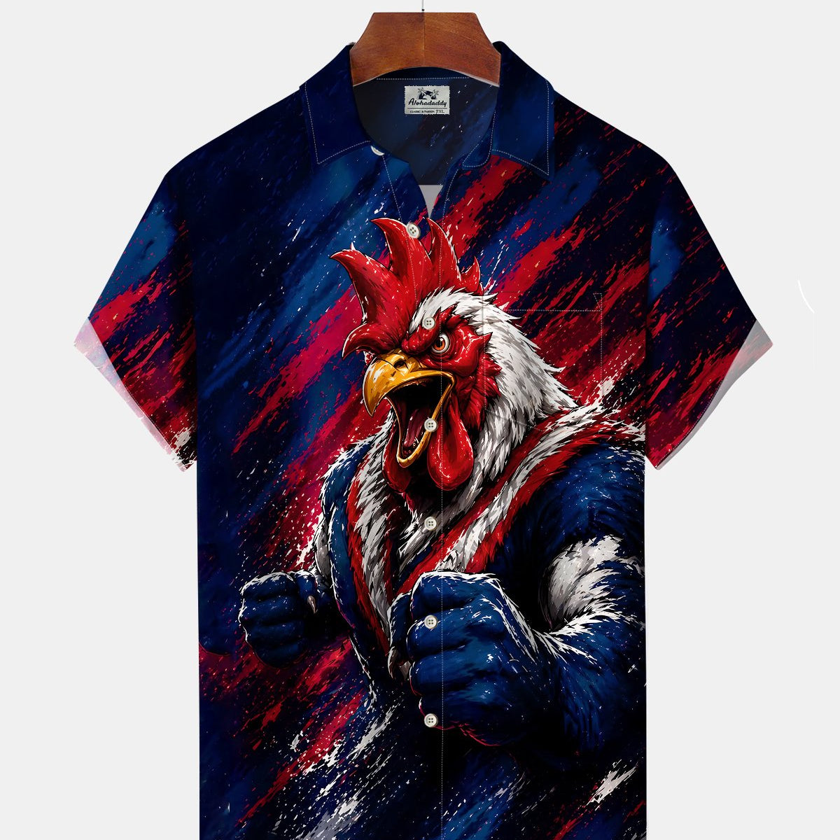 Alohadaddy® Vintage Rooster Print Art Button Pocket Cardigan Men's Short Sleeve Shirt