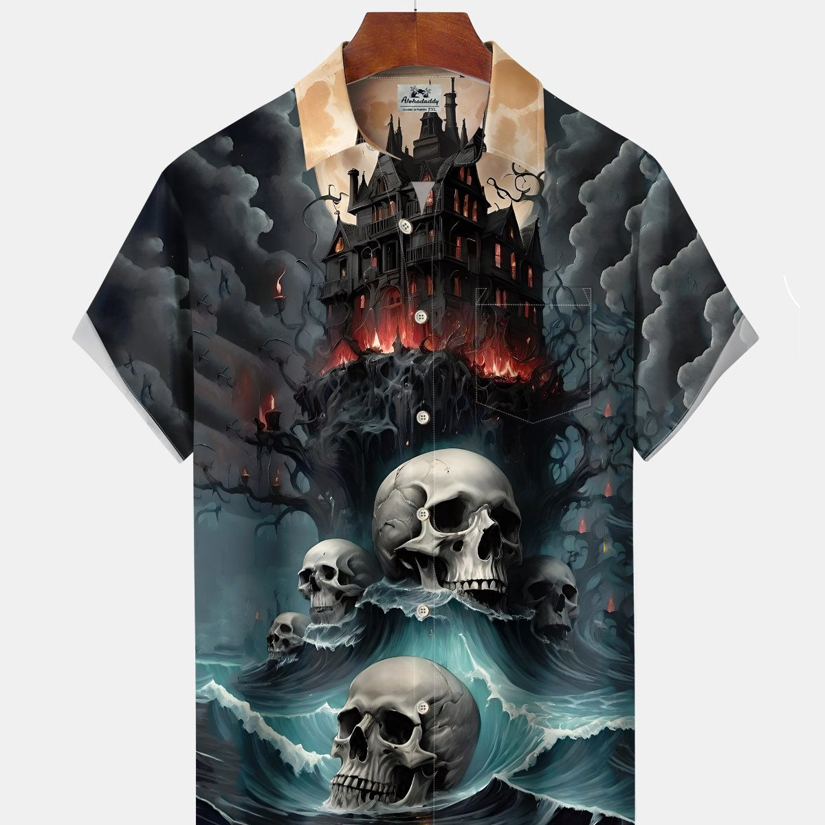 Alohadaddy® Holiday Halloween Graphic Print Button-Down Pocket Cardigan-Style Men's Short-Sleeve Shirt