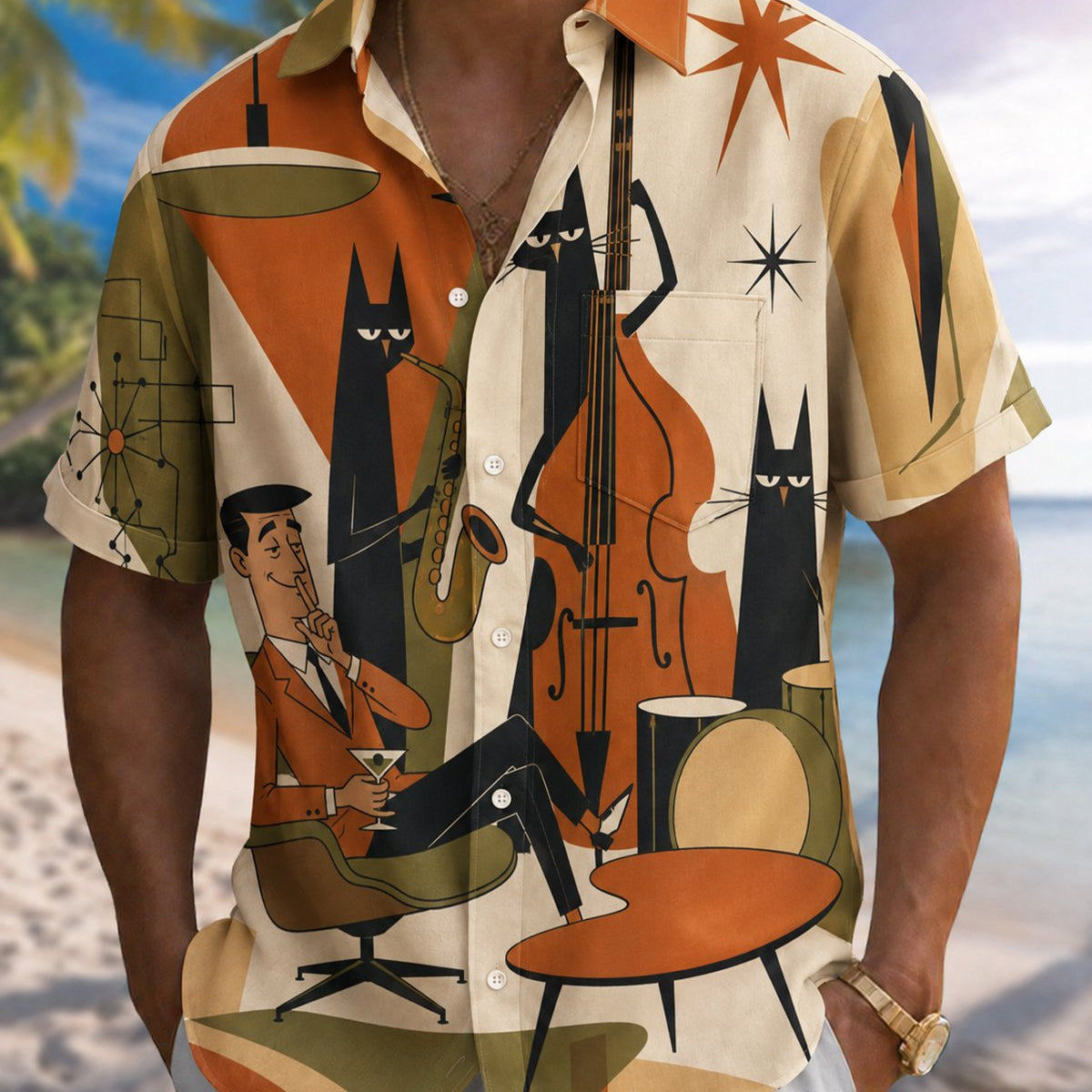 Alohadaddy® Men's Short-Sleeve Button-Down Shirt with Pocket Cat Music Print