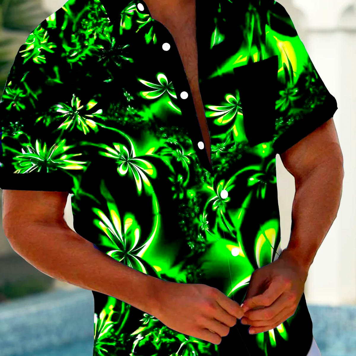 Alohadaddy Hawaiian Floral 3D Print Men's Button Pocket Short Sleeve Shirt