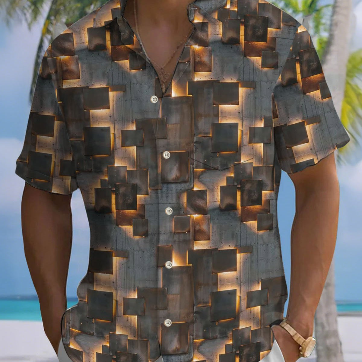 Alohadaddy® Retro Geometric Brick Print Art Stretch Button Pocket Men's Short Sleeve Shirt Big & Tall