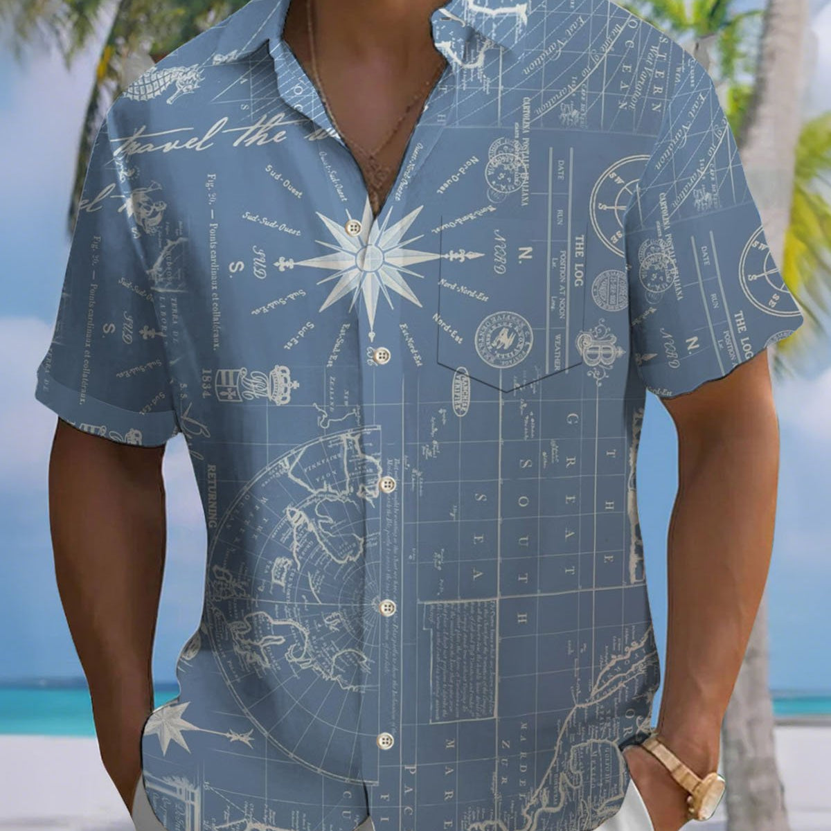 Alohadaddy® Vintage Nautical Map Print Art Pocket Button-Down Men's Short-Sleeve Shirt Big & Tall
