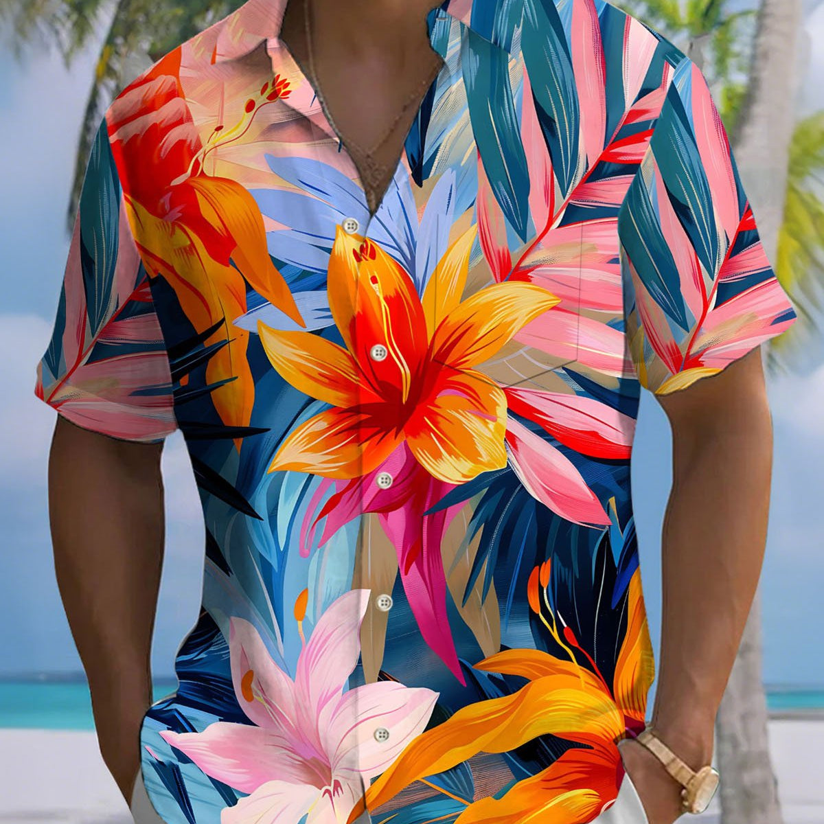 Alohadaddy® Casual Hawaiian Floral Print Artistic Button Pocket Cardigan Men's Short Sleeve Shirt Big & Tall