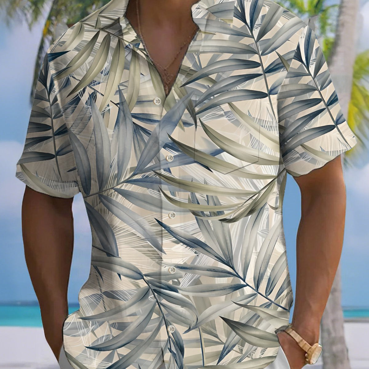 Alohadaddy® Hawaiian Palm Leaf Print Art Button Pocket Cardigan Men's Short Sleeve Shirt Big & Tall