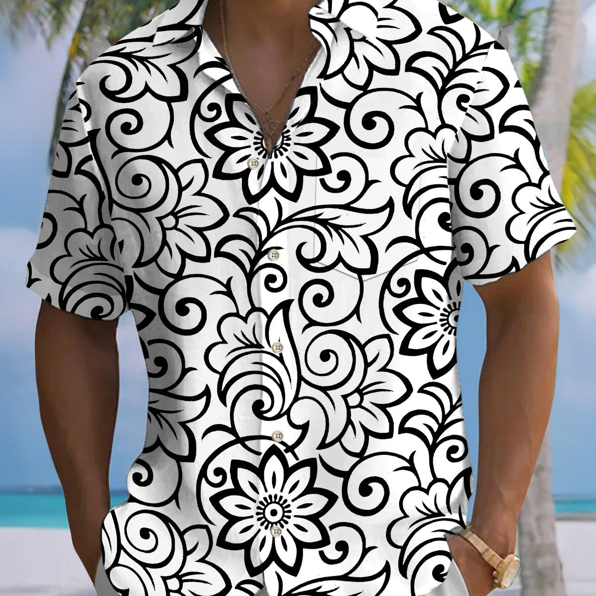 Alohadaddy® Casual Floral Print Art Button Pocket Cardigan Men's Short Sleeve Shirt