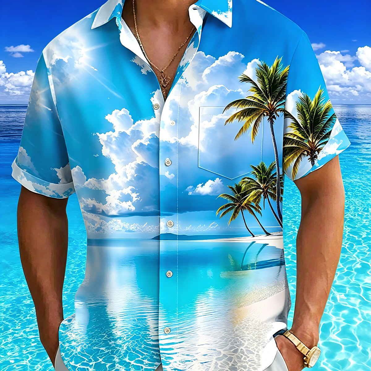 Alohadaddy® Hawaiian Palm Tree Print Art Button Pocket Cardigan Men's Short Sleeve Shirt