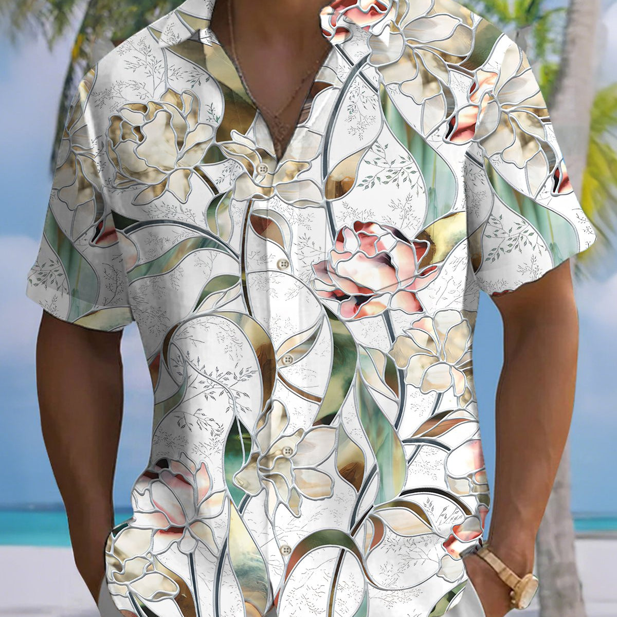 Alohadaddy® Men's Short-Sleeve Shirt Vintage Floral Print Art Button-Front Cardigan Style with Pockets