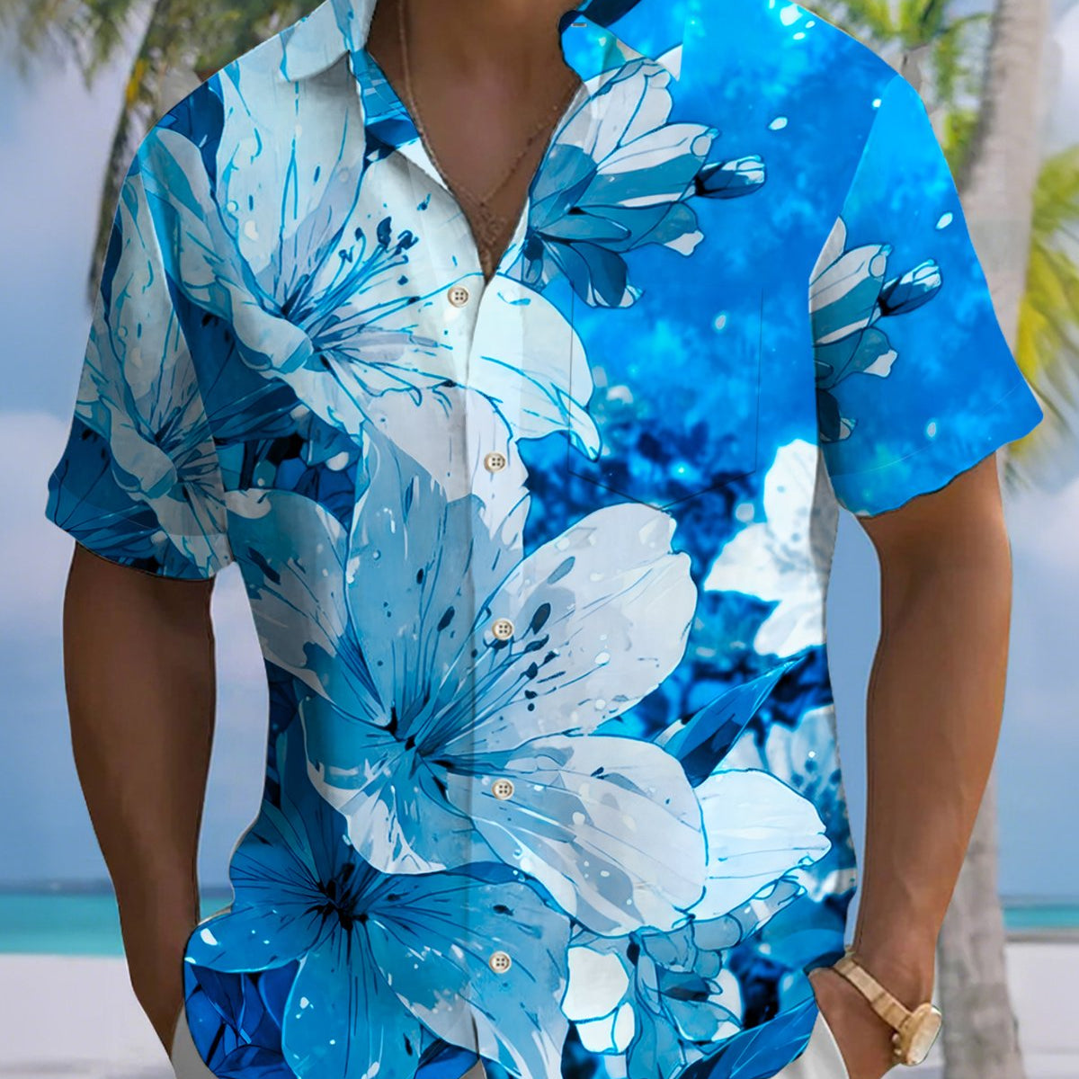 Alohadaddy® Men's Short-Sleeve Button-Down Shirt with Floral Print and Chest Pocket