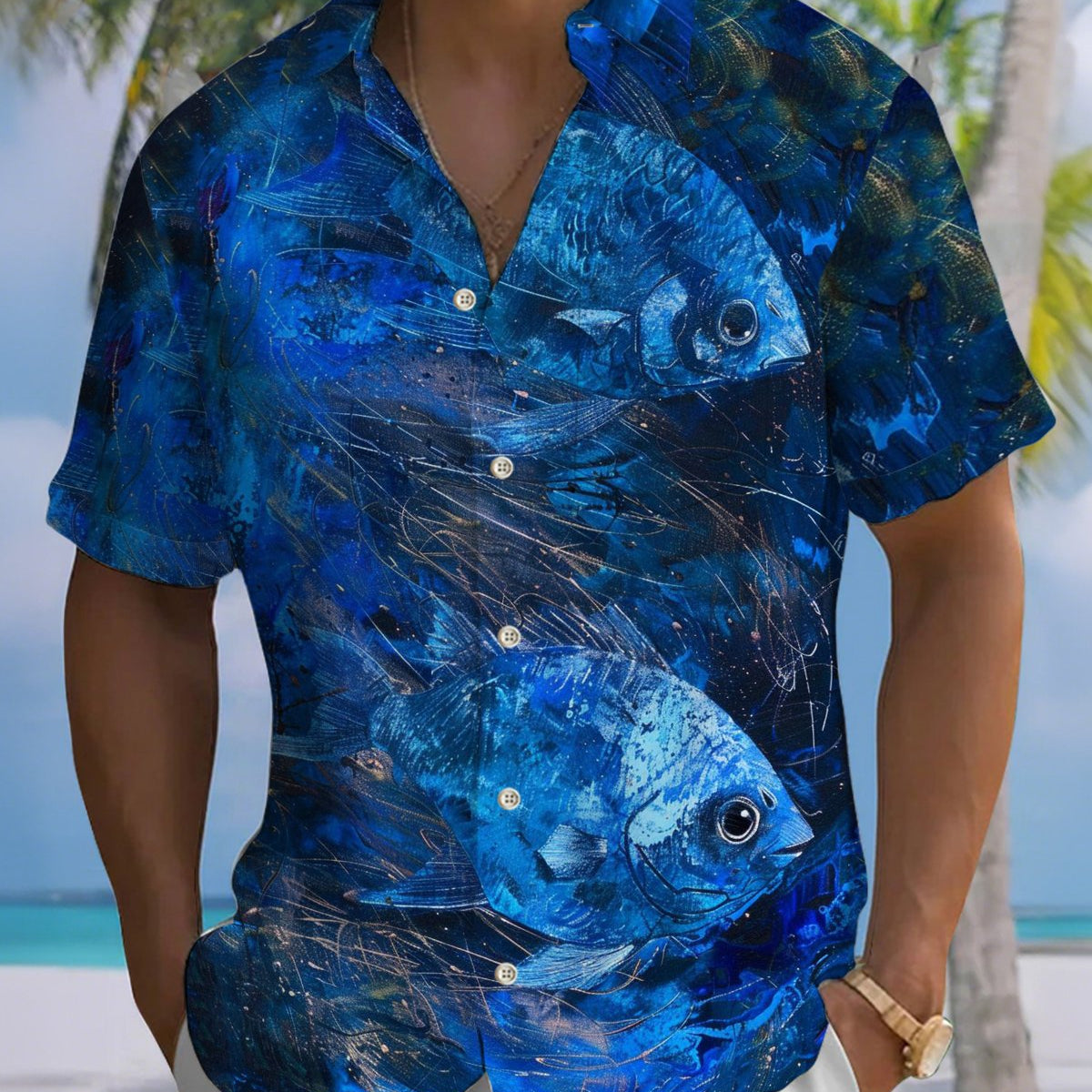 Alohadaddy® Men's Short-Sleeve Button-Down Shirt with Fish Print and Pocket