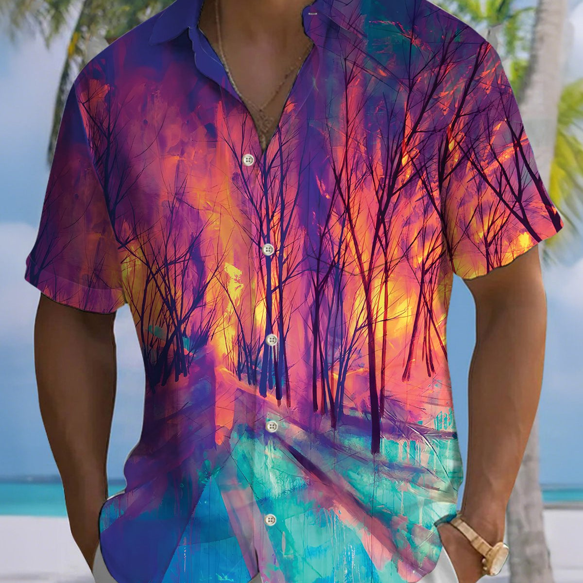 Alohadaddy® Men's Short-Sleeve Button-Down Shirt with Forest Print and Chest Pocket