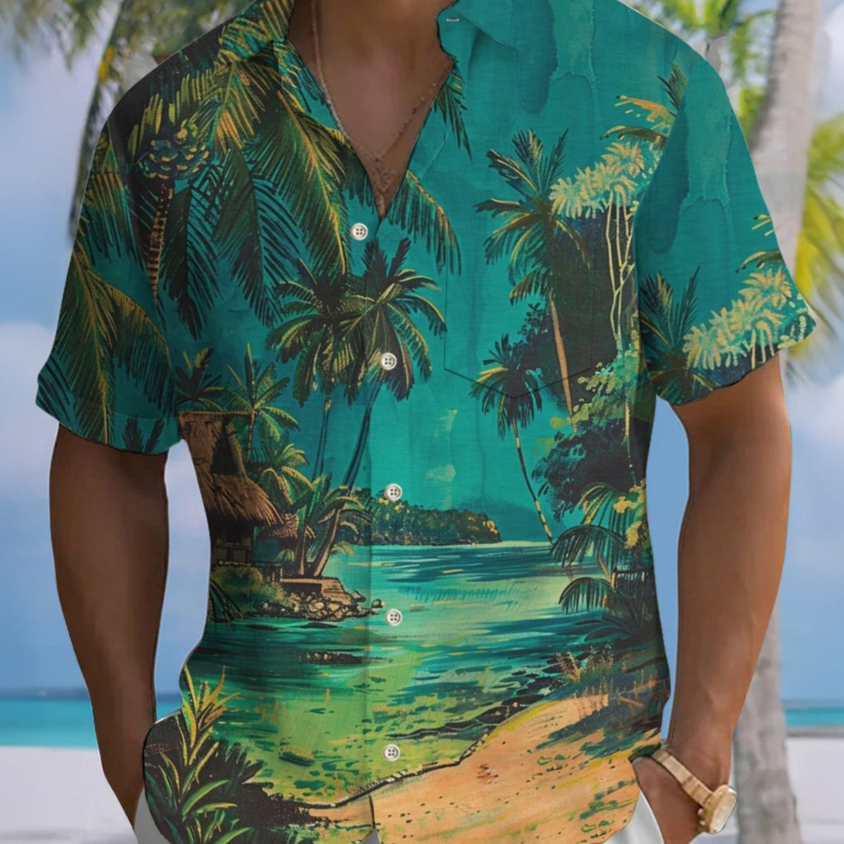 Alohadaddy® Men's Short-Sleeve Button-Down Shirt with Palm Tree Print and Chest Pocket