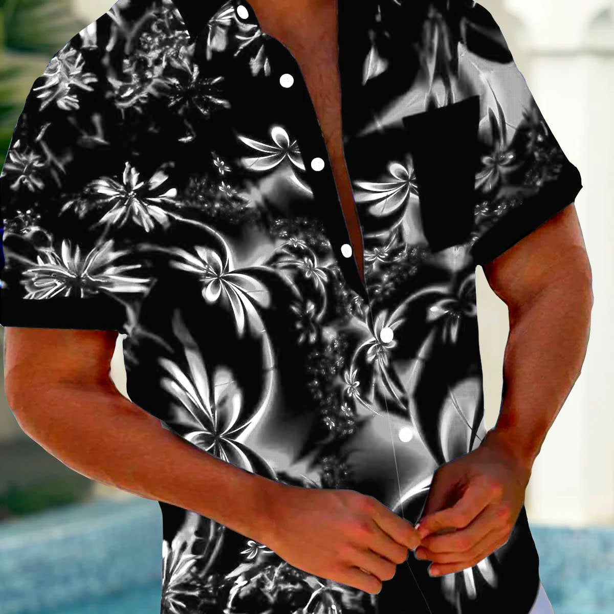 Alohadaddy Hawaiian Floral 3D Print Men's Button Pocket Short Sleeve Shirt
