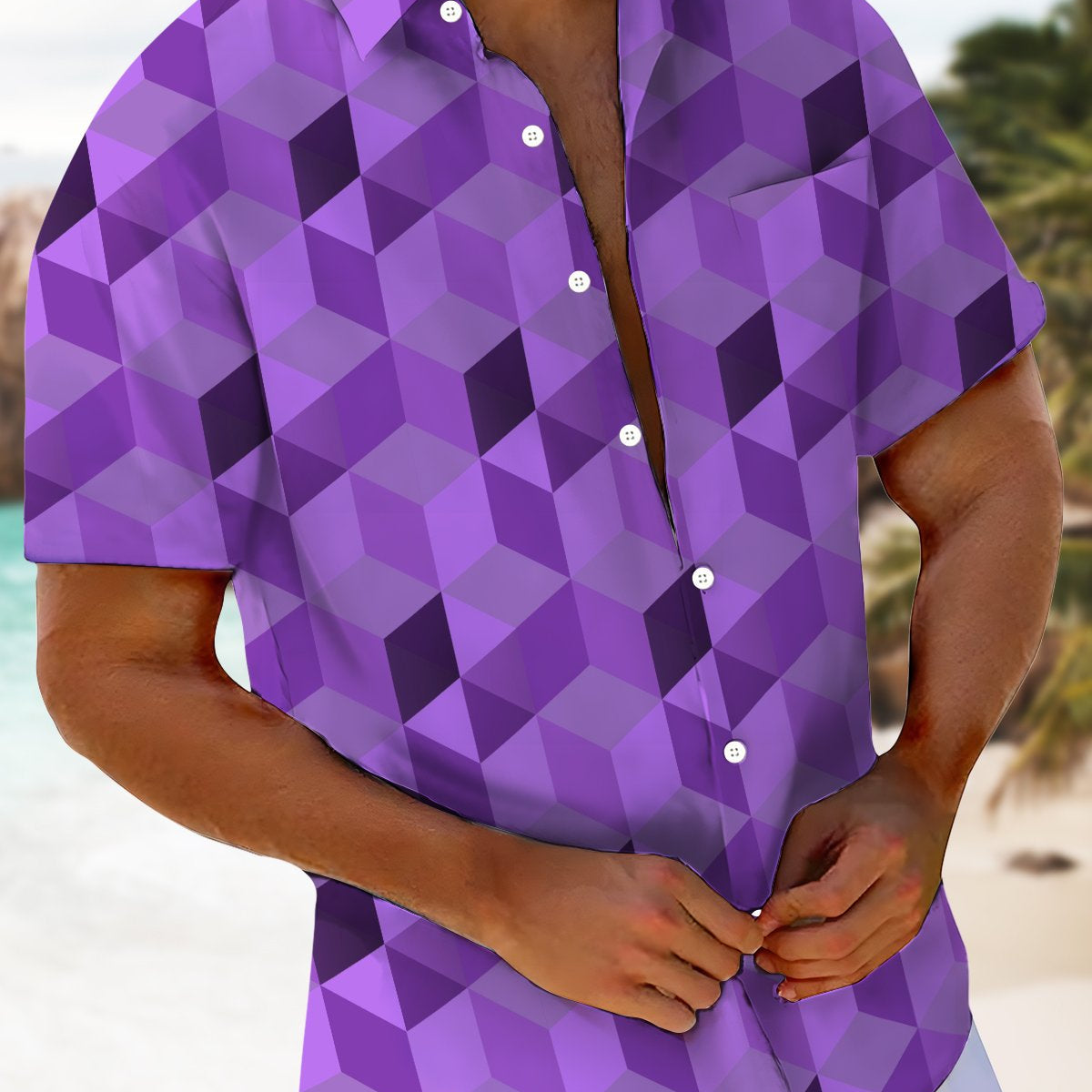 Alohadaddy® Geometric Cube Print Art Chest Pocket Elastic Large Size Men's Hawaiian Short Sleeve Shirt