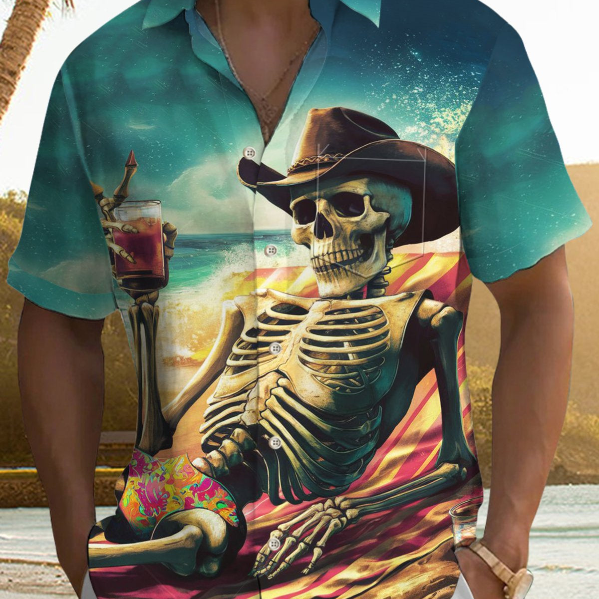 Alohadaddy® Hawaiian Vacation Skull Art Print Chest Pocket Men's Stretch Short Sleeve Shirt Big & Tall