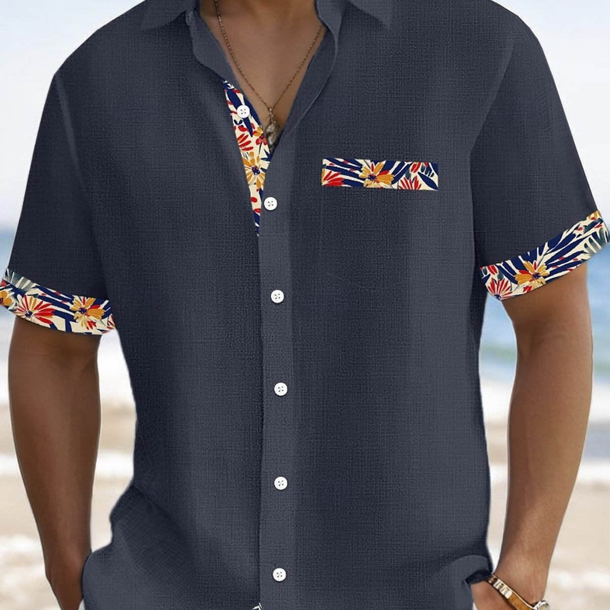 Alohadaddy® Casual Contrast Print Stretch Large Size Chest Pocket Men's Short Sleeve Shirt