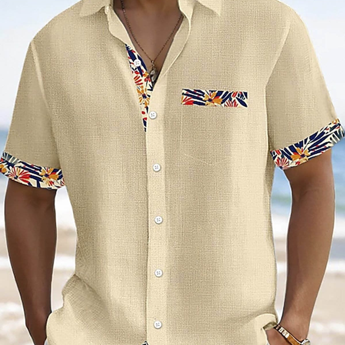 Alohadaddy® Casual Contrast Print Stretch Large Size Chest Pocket Men's Short Sleeve Shirt