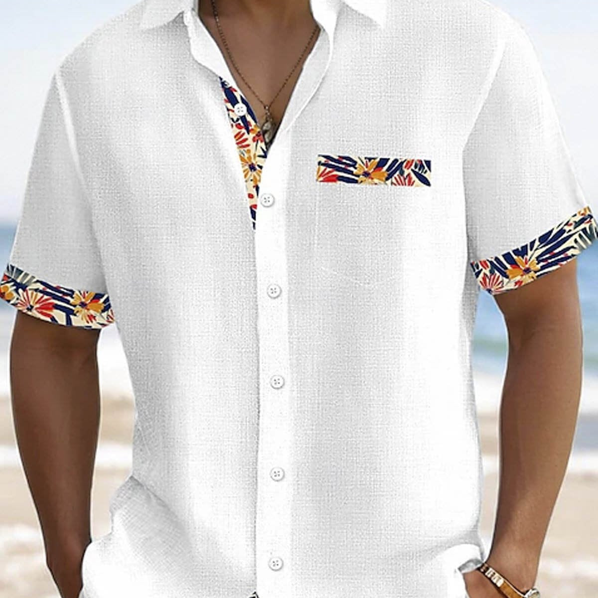 Alohadaddy® Casual Contrast Print Stretch Large Size Chest Pocket Men's Short Sleeve Shirt