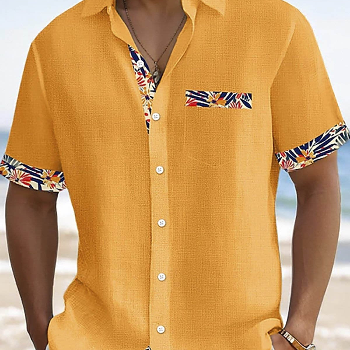 Alohadaddy® Casual Contrast Print Stretch Large Size Chest Pocket Men's Short Sleeve Shirt