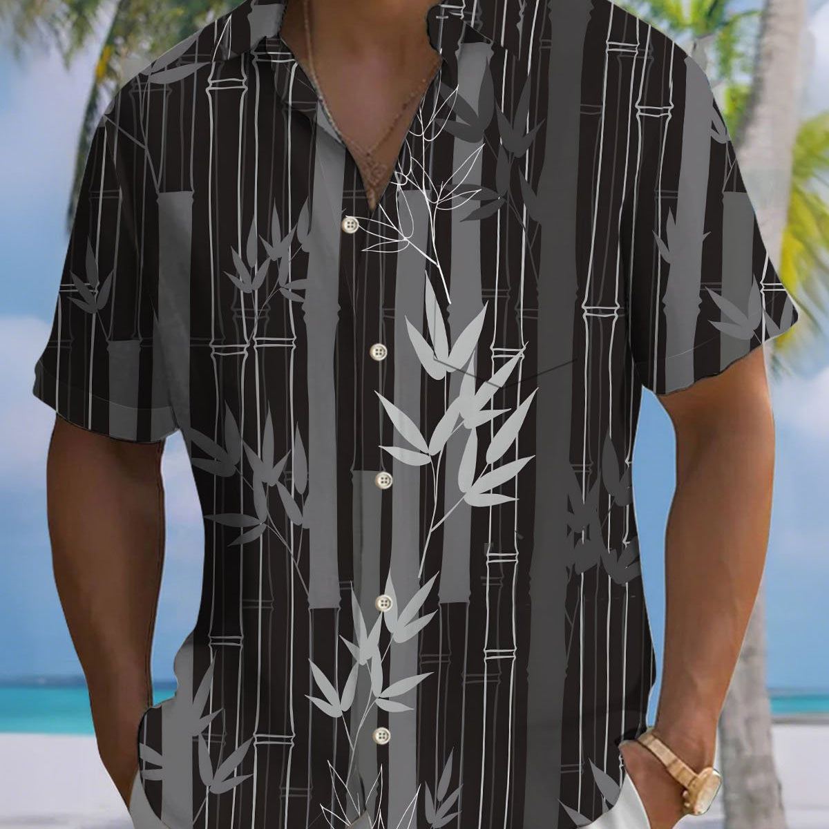 Alohadaddy® Casual Bamboo Print Art Button Pocket Cardigan Men's Short Sleeve Shirt Big & Tall