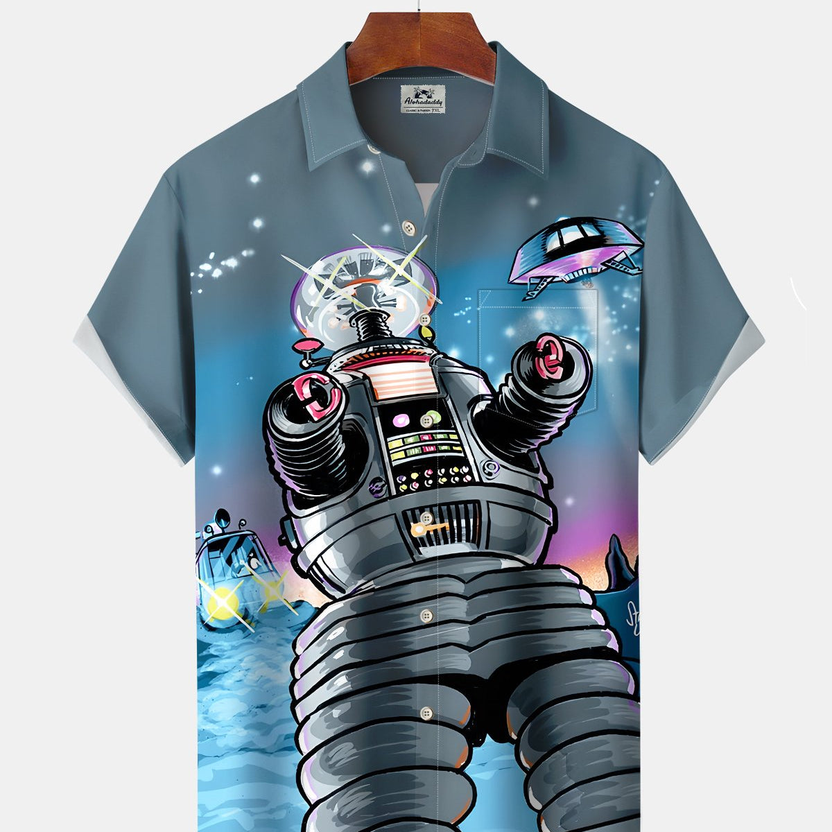 Alohadaddy® Retro Sci-Fi Robot Print Art Button Pocket Cardigan Men's Short Sleeve Shirt Big & Tall