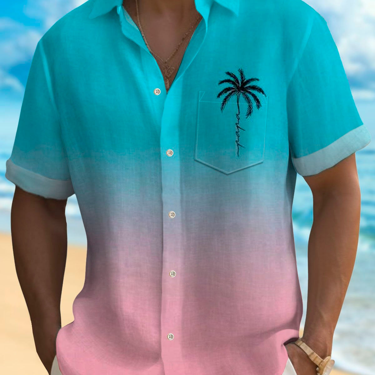 Alohadaddy Hawaiian Coconut Tree Gradient 3D Print Men's Button Pocket Short Sleeve Shirt