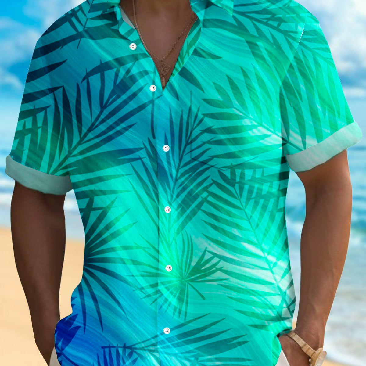 Alohadaddy Hawaiian Plant Leaves Palm Tree Gradient Print Men's Button Pocket Short Sleeve Shirt