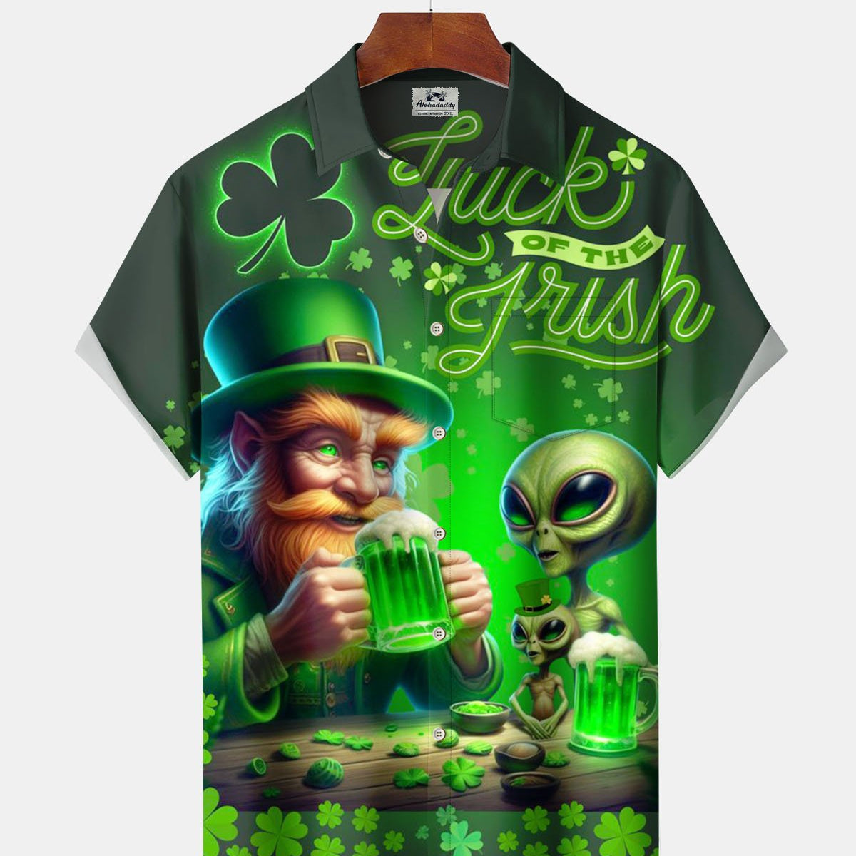 Alohadaddy® St. Parnassus Four-Leaf Clover Print Art Elastic Button Men's Short-Sleeve Shirt Big & Tall