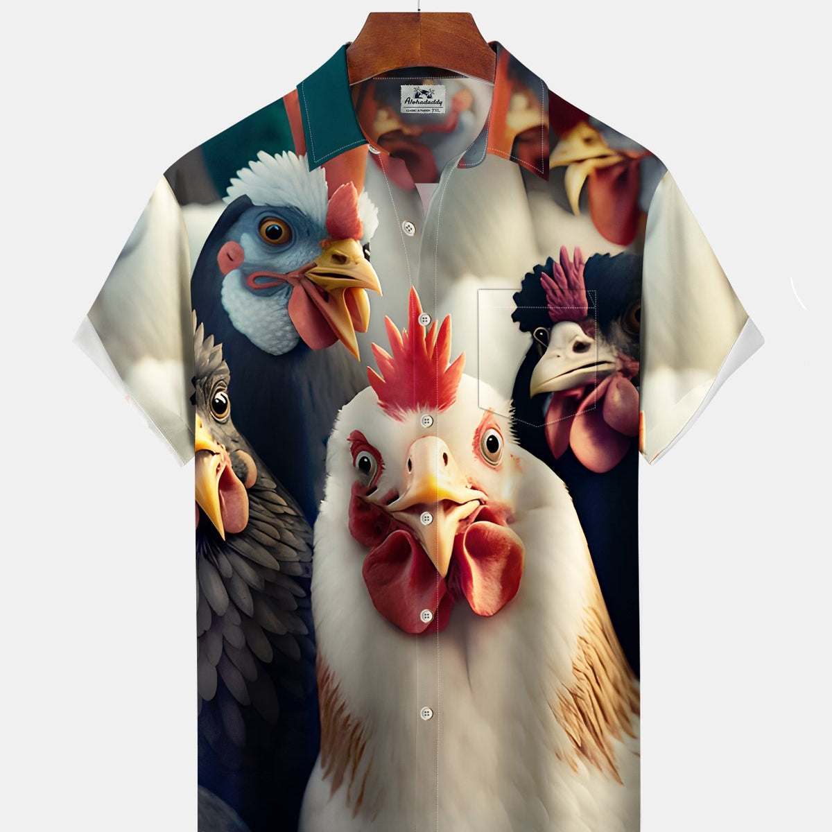 Alohadaddy® Casual Rooster Print Art Button Cardigan Pocket Men's Short Sleeve Shirt Big & Tall