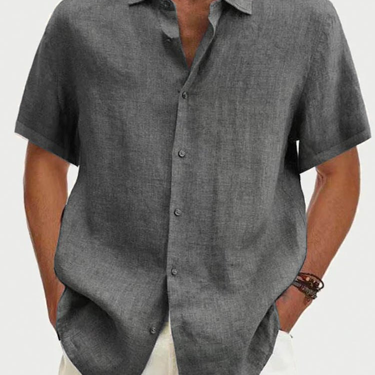 Camisa de manga corta con botones de lino y algodón de color liso para hombre