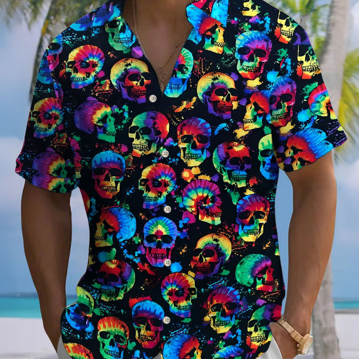 Alohadaddy® Retro Skull Print Art Button Cardigan Men's Short Sleeve Shirt Big & Tall