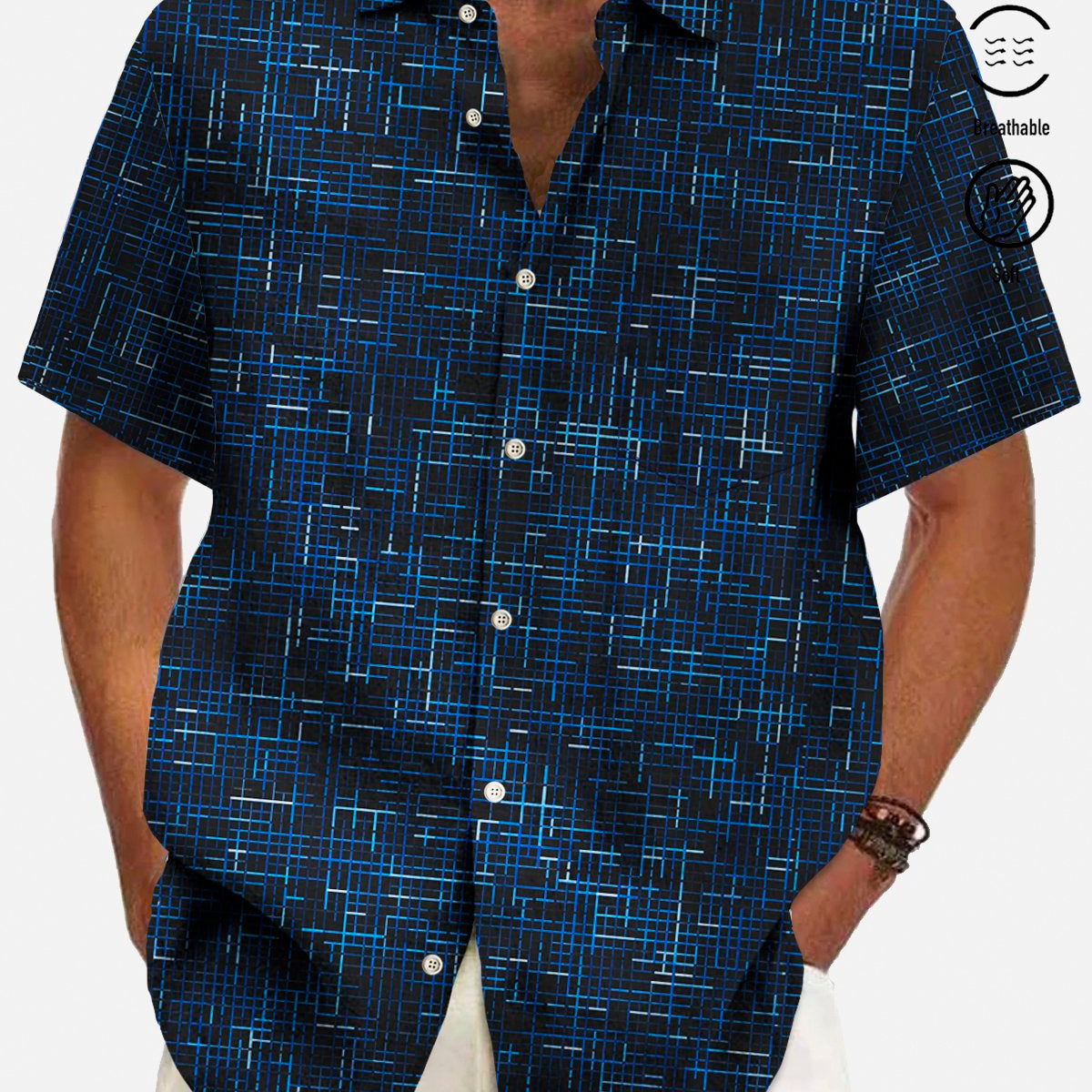 Alohadaddy Vintage Medieval Geometric Blue Men's Shirts Breathable Comfort Pocket Camp Shirts Big Tall