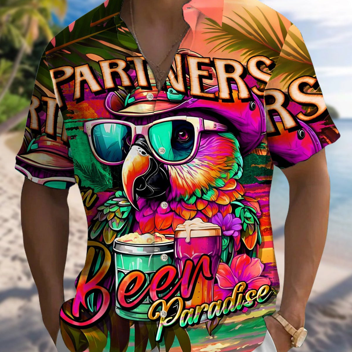 Alohadaddy® Hawaiian Parrot Vacation Pocket Elastic Button Men's Short Sleeve Shirt Big & Tall
