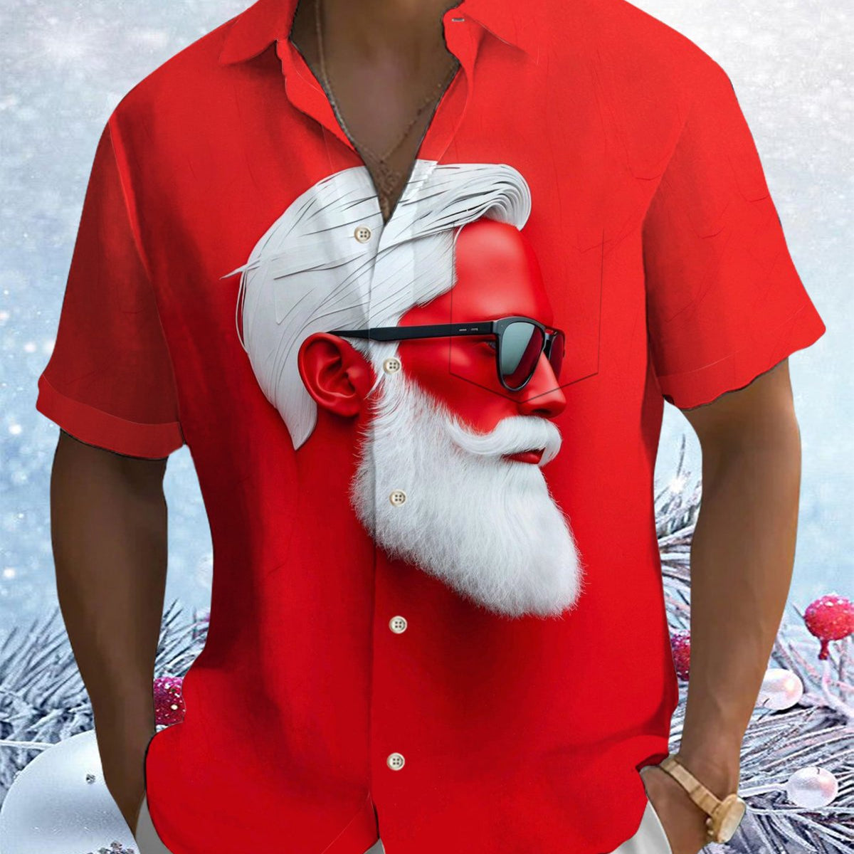 Alohadaddy® Christmas Portrait Red Printed Pocket Button Men's Short Sleeve Shirt Big & Tall