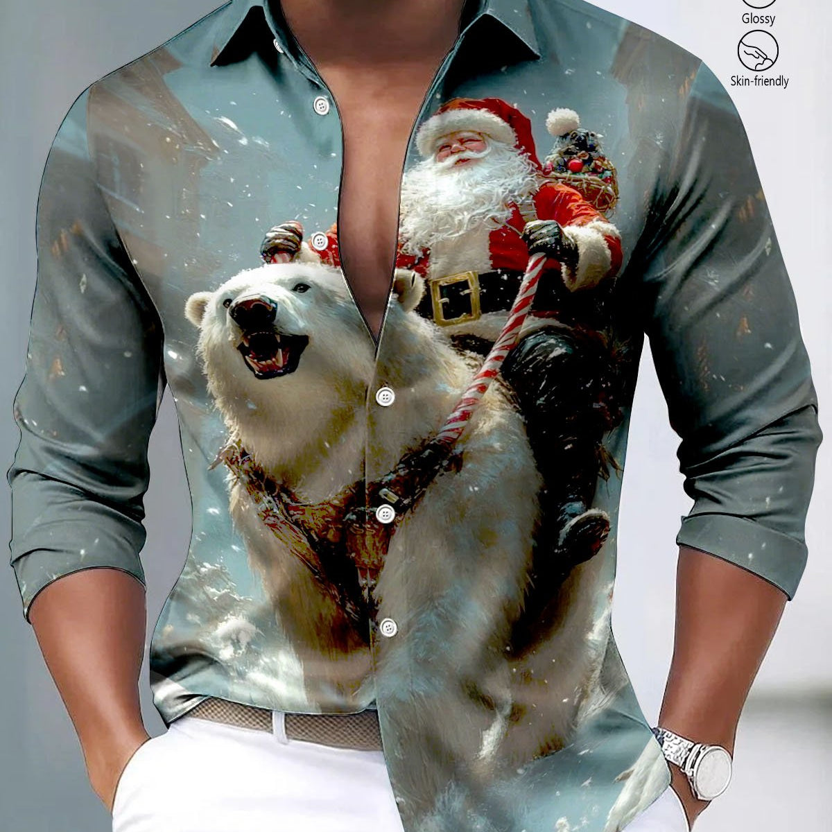 Alohadaddy® Satin Finish Christmas Santa Claus Print Art Stretch Button Men's Long Sleeve Shirt Big & Tall