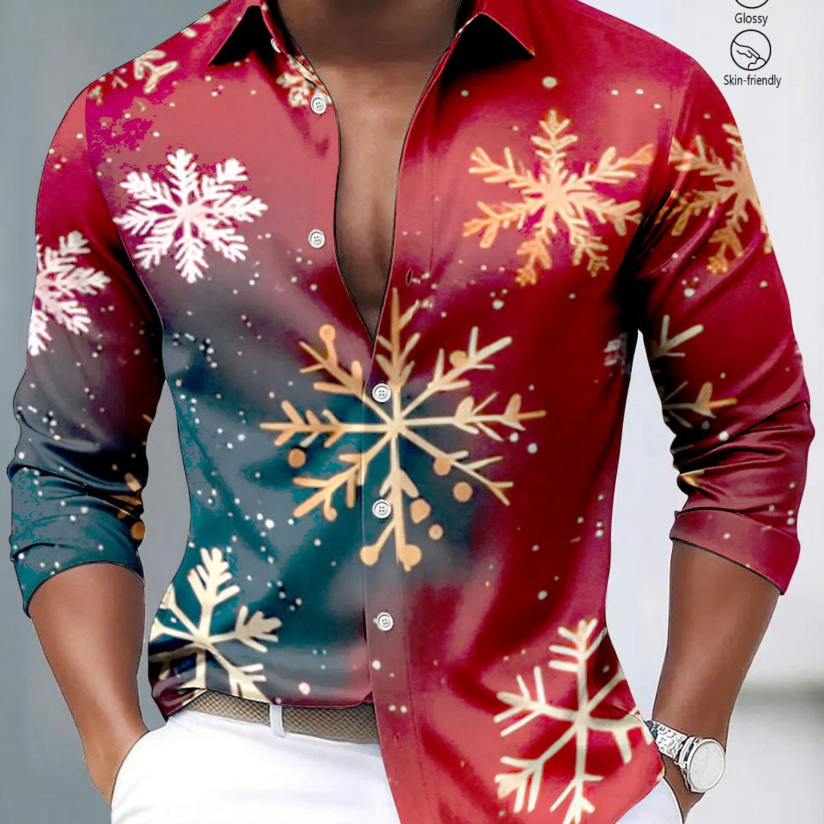 Alohadaddy® Satin Finish Gradient Snowflake Print Artistic Stretch Men's Long-Sleeve Shirt, Big & Tall