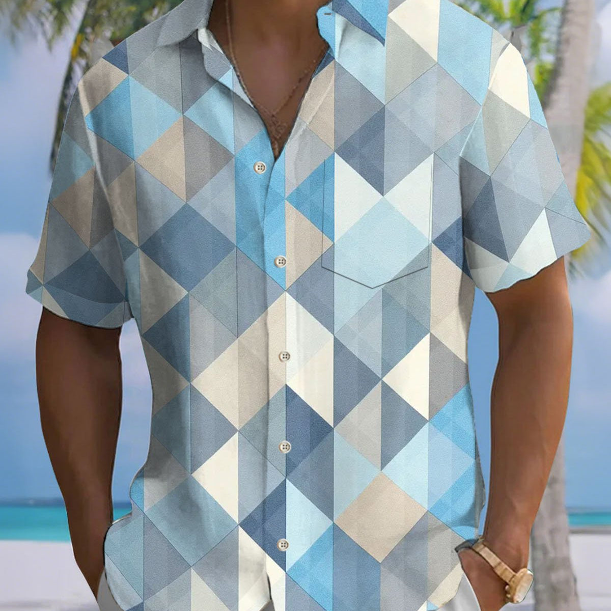 Alohadaddy® Retro Geometric Brick Print Art Stretch Button Pocket Men's Short Sleeve Shirt Big & Tall