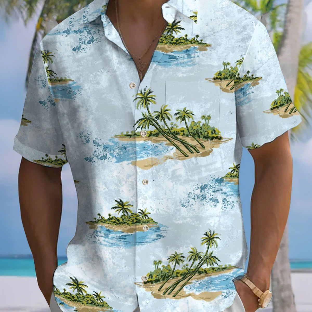 Alohadaddy® Hawaiian Vacation Palm Tree Print Art Button Cardigan Pocket Men's Short Sleeve Shirt Big & Tall