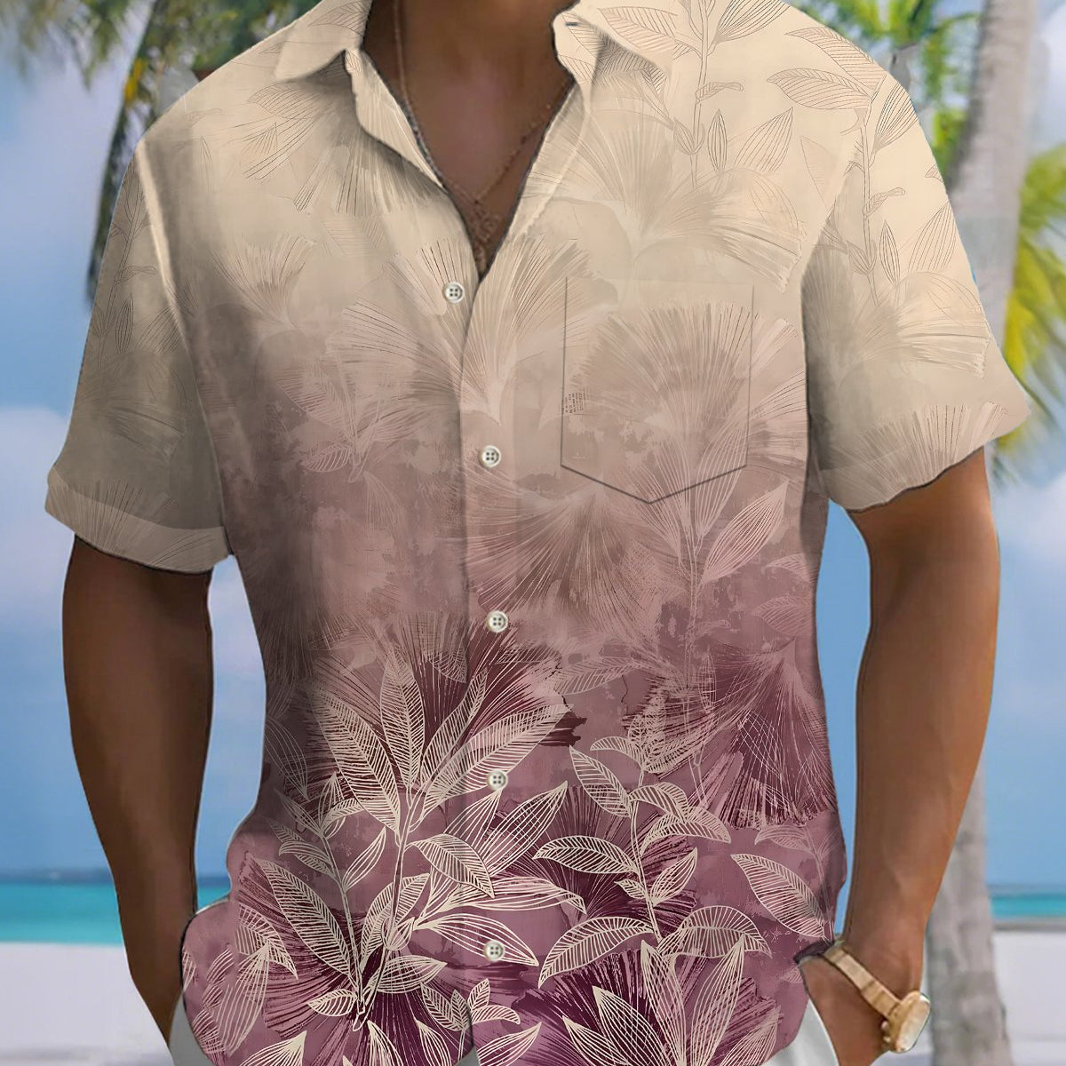 Alohadaddy® Hawaiian Leaf Print Art Button Pocket Cardigan Men's Short Sleeve Shirt