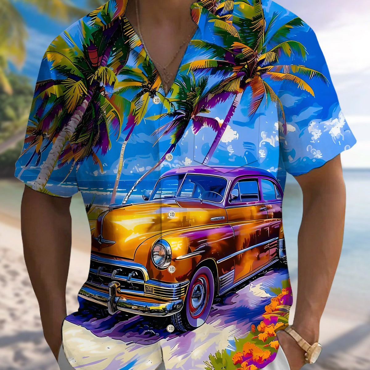 Alohadaddy® Men's Short-Sleeve Button-Down Shirt with Palm Tree Print and Chest Pocket
