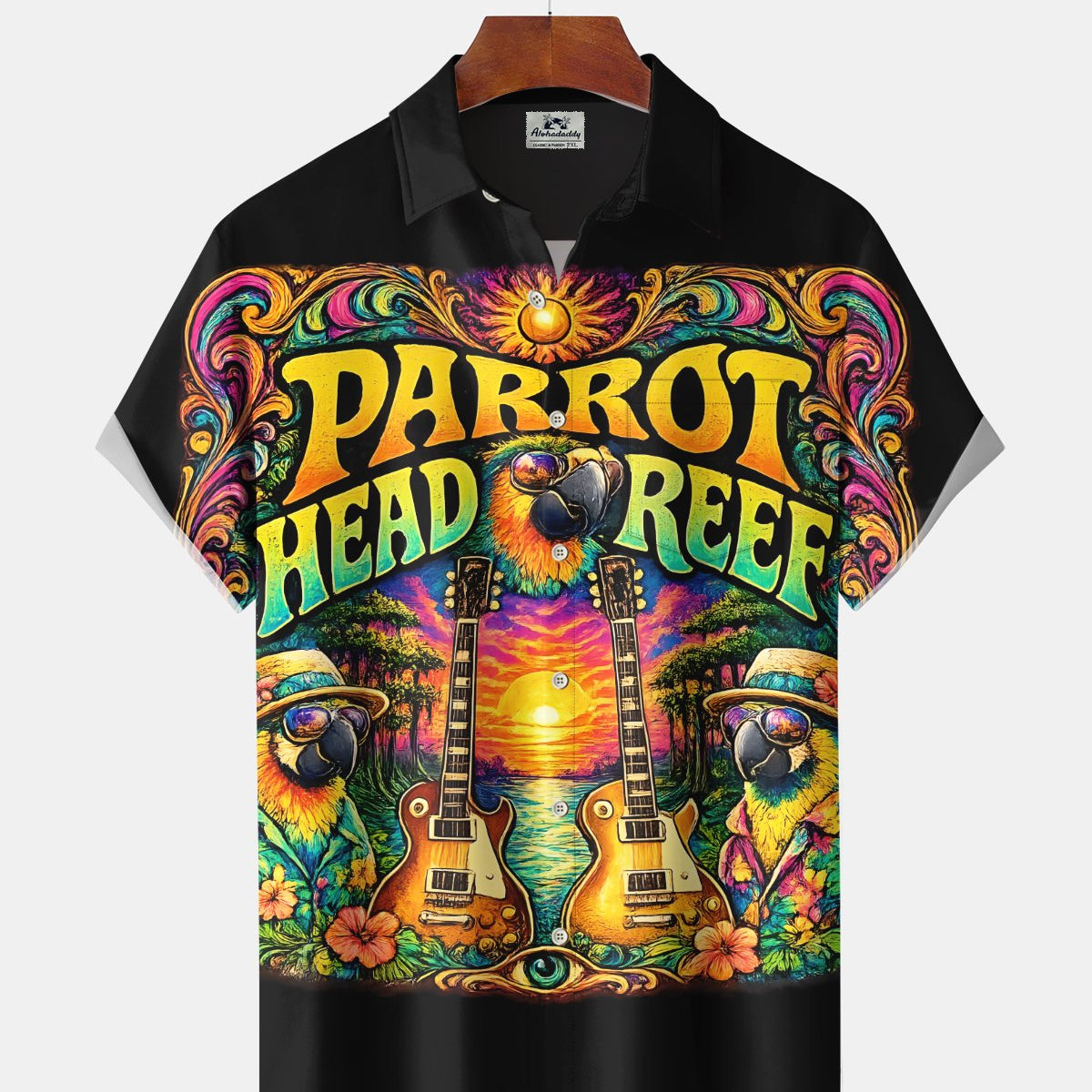 Alohadaddy® Hawaiian Music Parrot Print Art, Button Pocket Cardigan, Men's Short-Sleeve Shirt