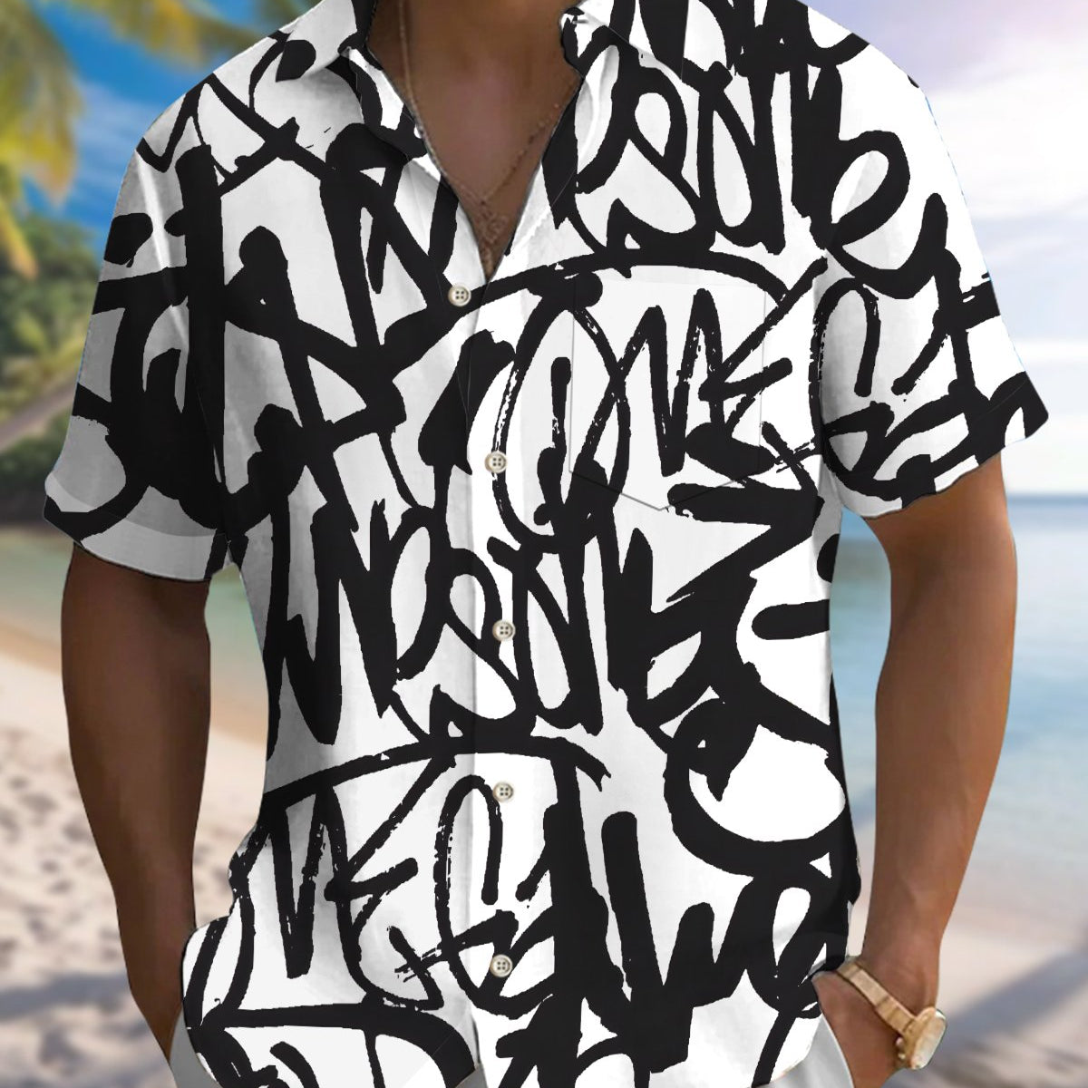 Alohadaddy® Men's Short-Sleeve Button-Down Shirt Casual Abstract Art Print with Pocket