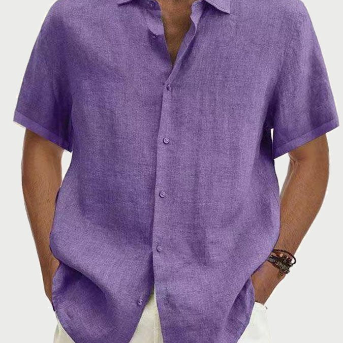 Camisa de manga corta con botones de lino y algodón de color liso para hombre